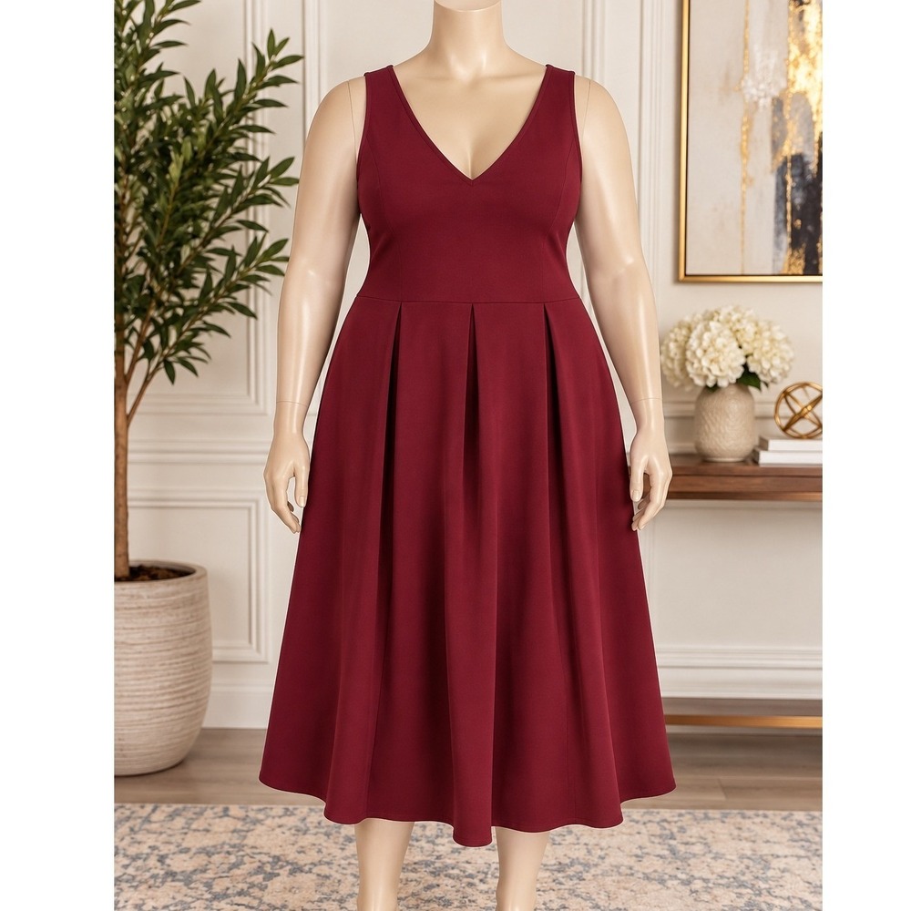 24seven Comfort Apparel Womens Dress Burgundy High-Low V-Neck Pockets Size 3X